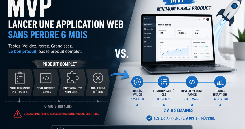 Comparaison entre un MVP application web lancé rapidement et un produit complet nécessitant plusieurs mois de développement