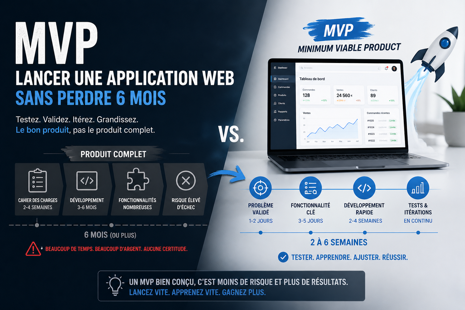 Comparaison entre un MVP application web lancé rapidement et un produit complet nécessitant plusieurs mois de développement