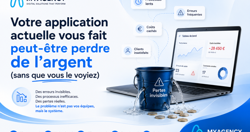 Illustration d’une application métier inefficace qui fait perdre de l’argent à une entreprise à cause des erreurs, processus lents et coûts cachés