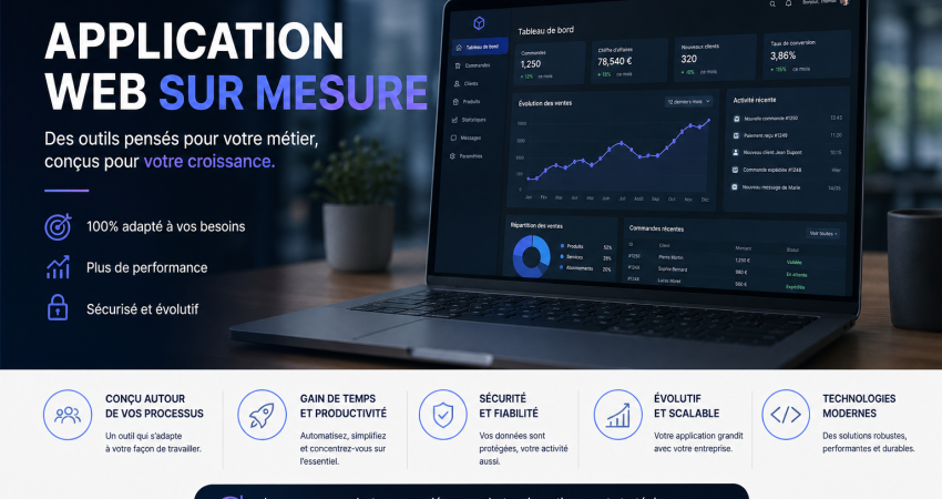 Application web sur mesure avec tableau de bord de gestion et indicateurs de performance
