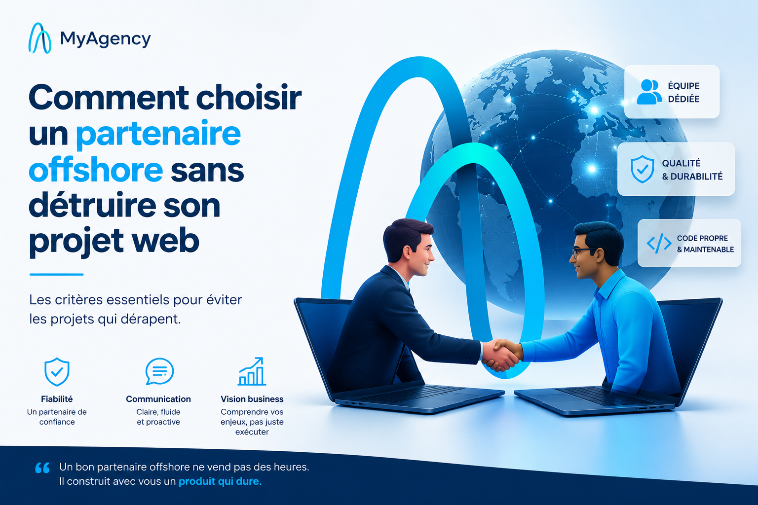 Illustration représentant le choix d’un partenaire offshore fiable pour un projet web sur mesure avec MyAgency