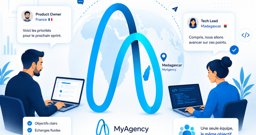 Illustration d’une collaboration offshore entre la France et Madagascar avec MyAgency autour de la communication projet