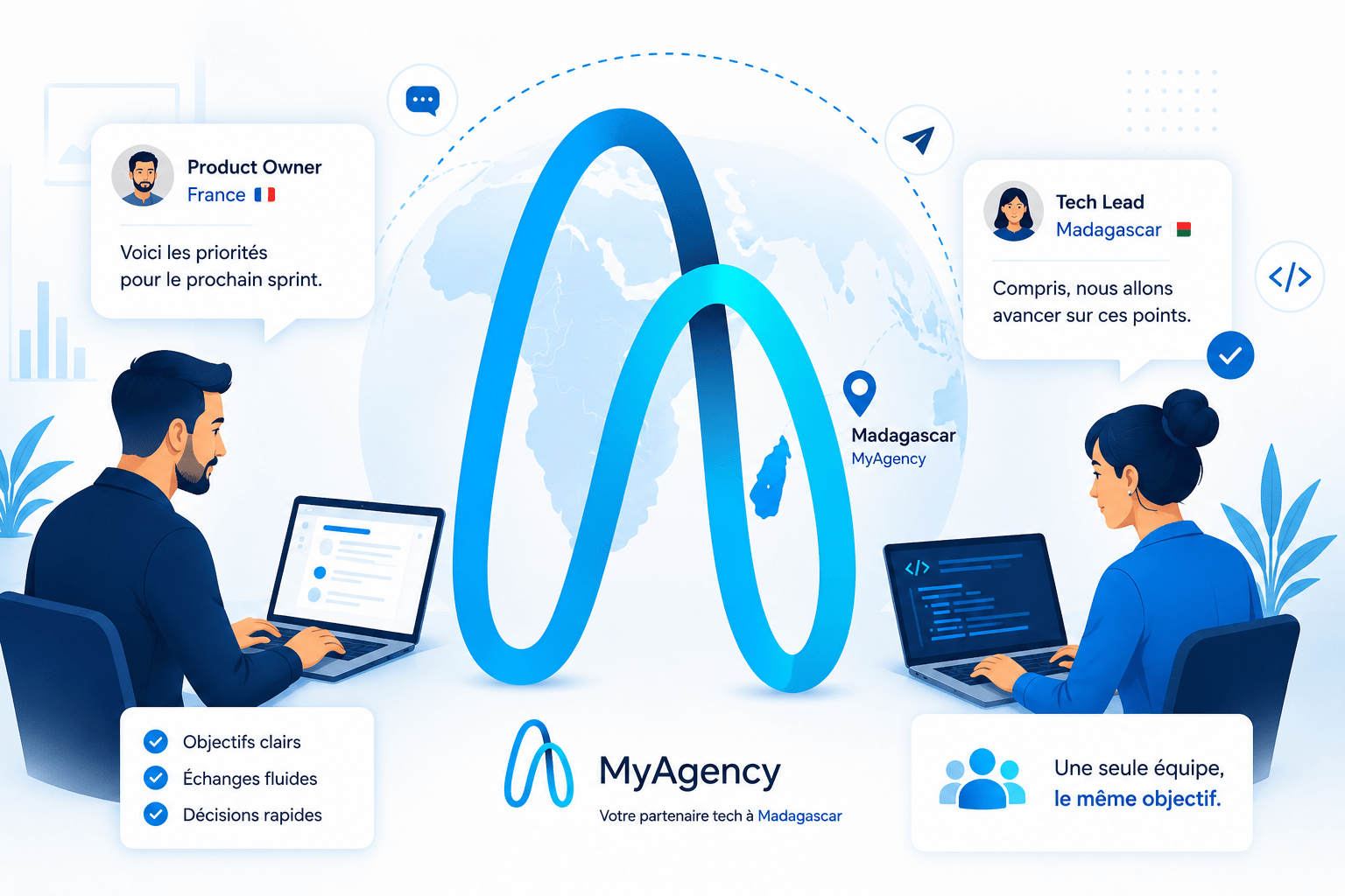 Illustration d’une collaboration offshore entre la France et Madagascar avec MyAgency autour de la communication projet