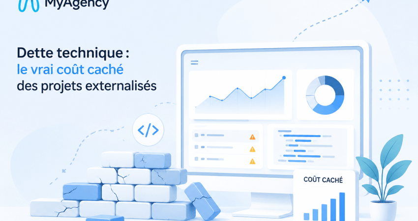 Illustration représentant la dette technique dans un projet web externalisé avec dashboard analytique et architecture fragile aux couleurs de MyAgency.