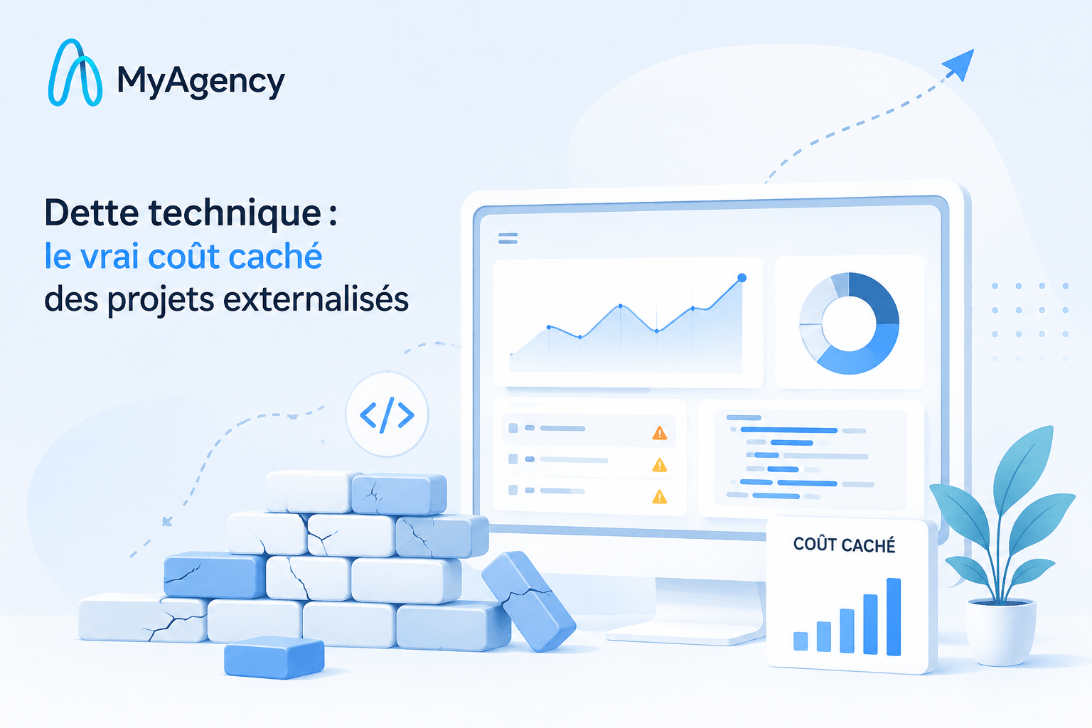 Illustration représentant la dette technique dans un projet web externalisé avec dashboard analytique et architecture fragile aux couleurs de MyAgency.
