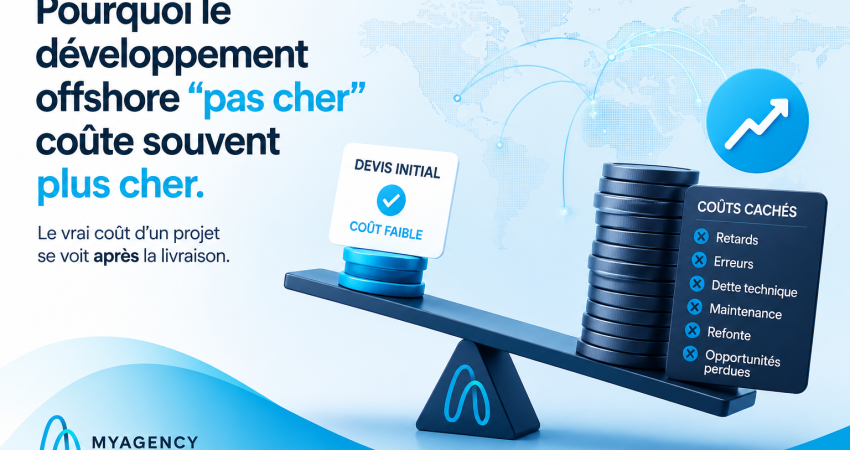 Illustration du coût caché du développement offshore pas cher avec balance entre faible devis initial et coûts cachés techniques