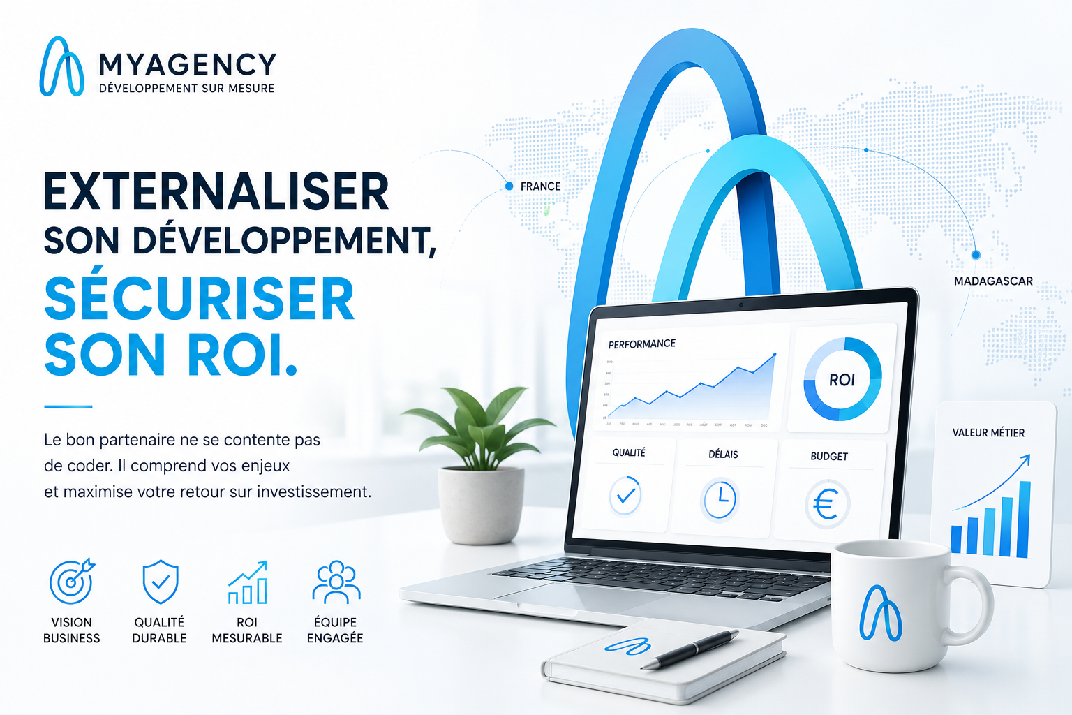 Illustration MyAgency sur l’externalisation du développement web et la sécurisation du ROI d’un projet digital