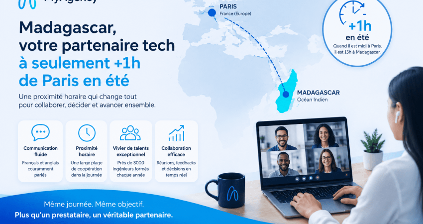 Illustration représentant Madagascar comme partenaire stratégique offshore pour le développement web avec proximité horaire et collaboration en temps réel avec l’Europe.