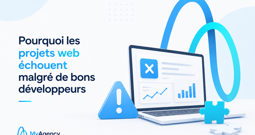 Illustration MyAgency représentant les causes d’échec des projets web malgré une bonne équipe de développeurs