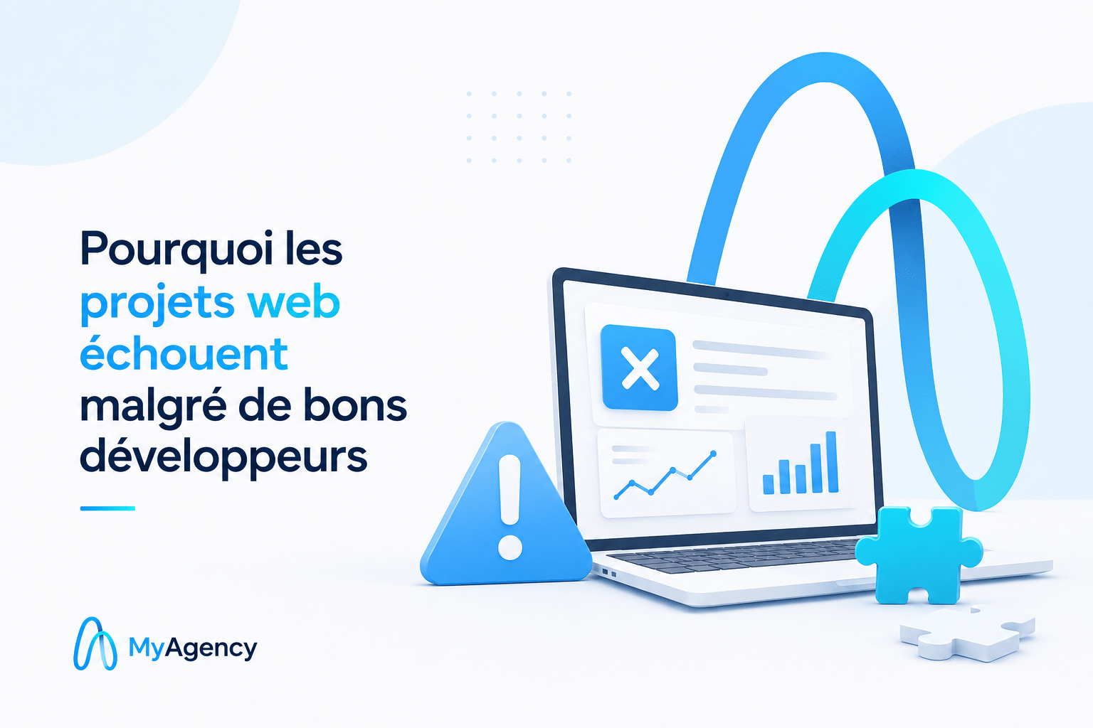 Illustration MyAgency représentant les causes d’échec des projets web malgré une bonne équipe de développeurs