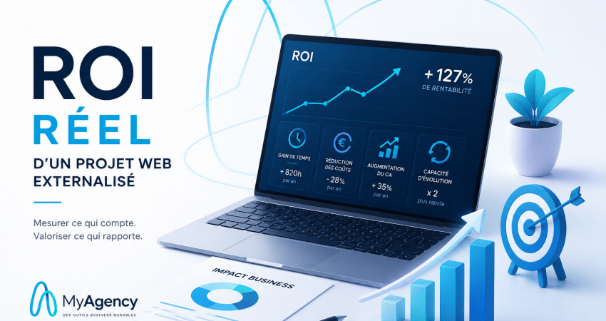 Illustration ROI réel d’un projet web externalisé avec tableau de bord business et graphiques de performance aux couleurs de MyAgency