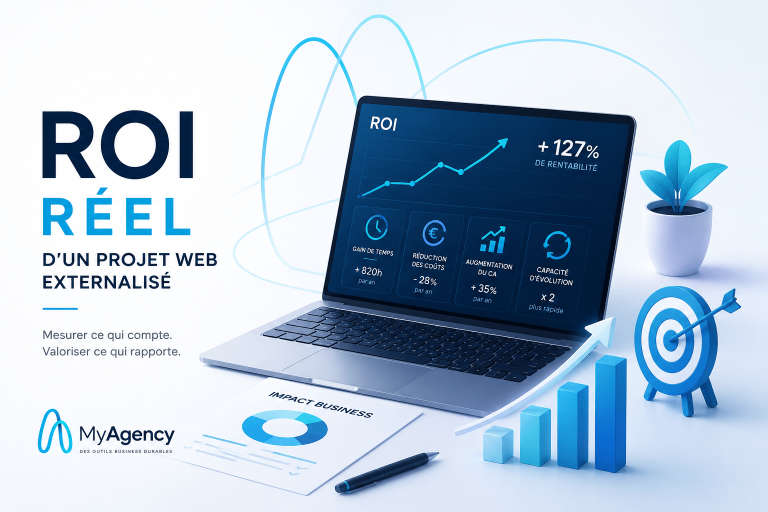 Illustration ROI réel d’un projet web externalisé avec tableau de bord business et graphiques de performance aux couleurs de MyAgency