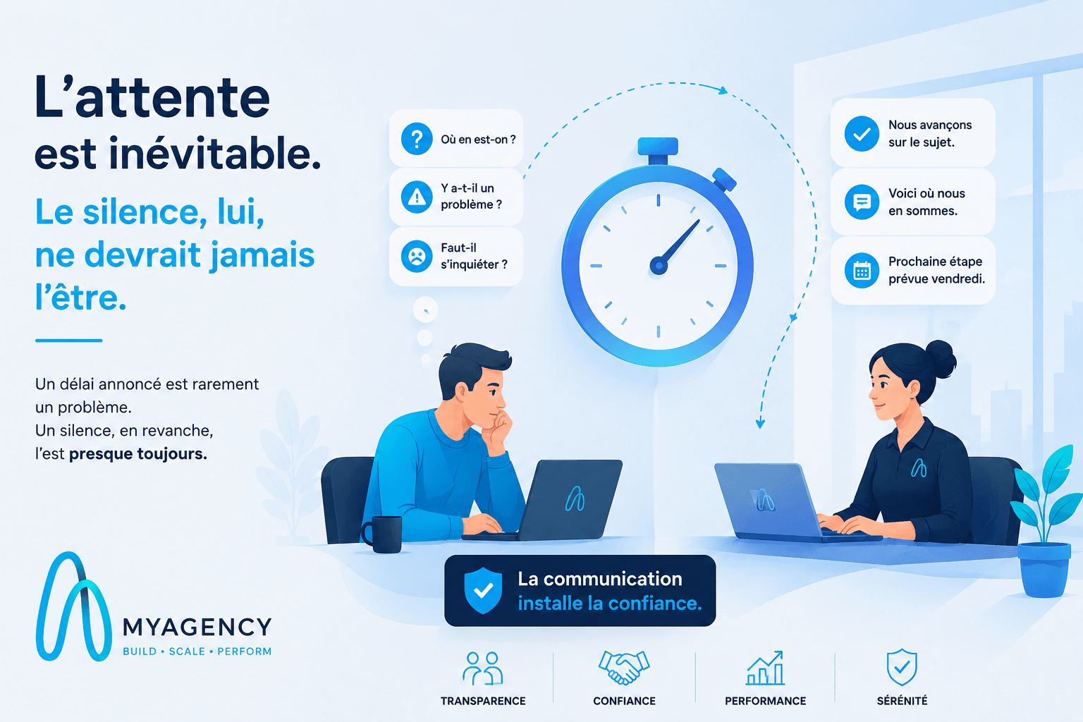 Illustration montrant comment une communication régulière réduit l'incertitude et renforce la confiance pendant les délais d'un projet.