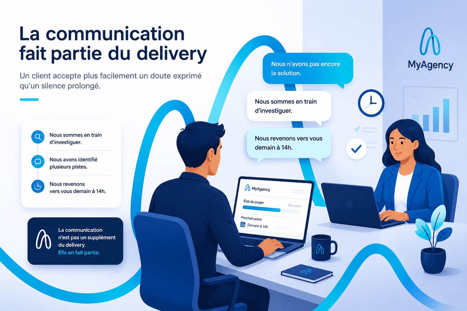 Illustration représentant une équipe projet échangeant avec un client. La communication régulière permet de sécuriser le delivery, réduire les tensions et améliorer le suivi d'un projet web.